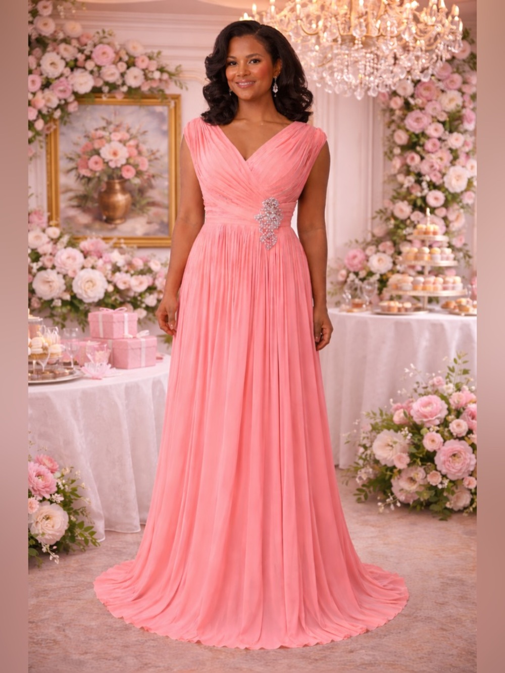 #4 Coral pleated chiffon evening gown-Size 6/small